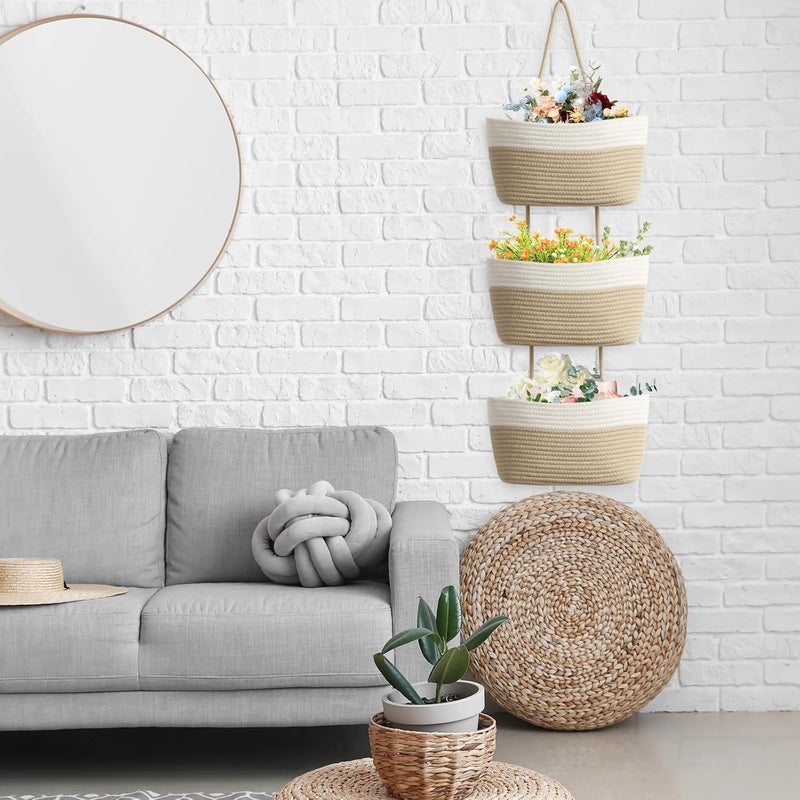 TeoKJ Over the Door Hanging Basket, 3-Tier Woven Cotton Wall-Mounted Storage Organizer Bag Decorative Hanging Kitchen Baskets - White + Jute - Image 2